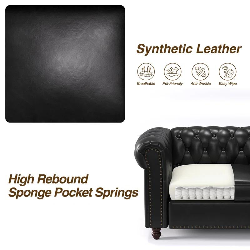 Alcott Hill® 72 Inch Couch Chesterfield Leather Sofa With Wooden Legs