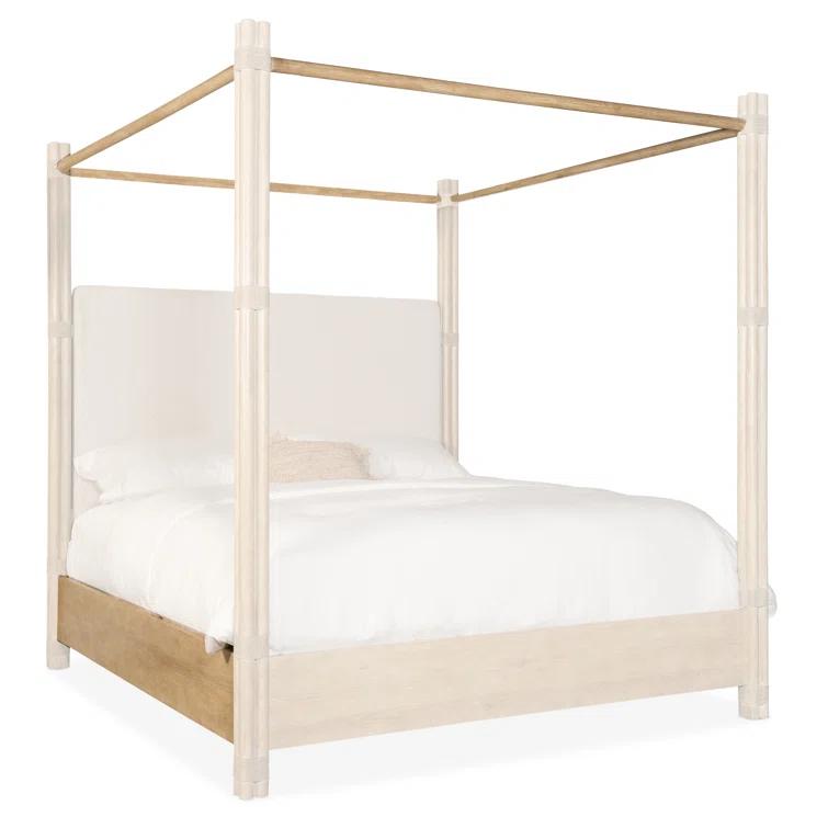 King Beige Upholstered Canopy Bed with Oak Frame