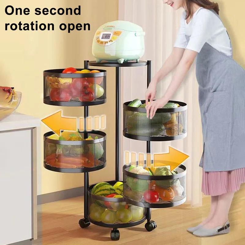 Kitchen Storage Cart,5 Tier Circular Rotating Basket,Large Storage Rack with 360 Degree Wheels