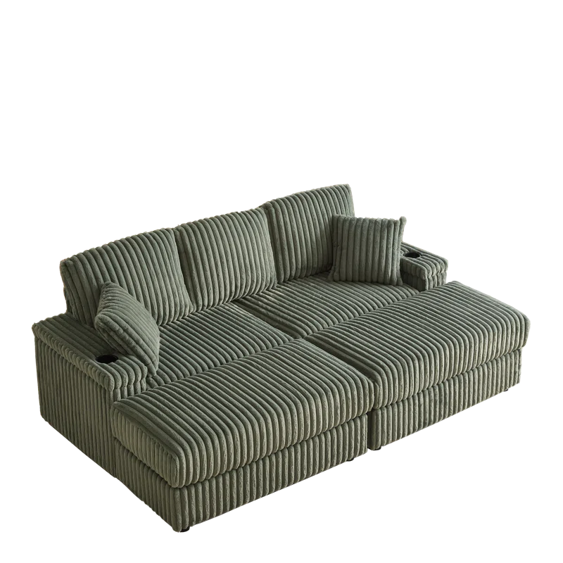 Latitude Run® 84 Corduroy 3-Seater Sofa With 3 Back Pillows ,2 Toss Pillows , A Ottoman ,2Storage Spaces And Cup-Holding Grooves Comfy Sofa- Deep Seat Couch