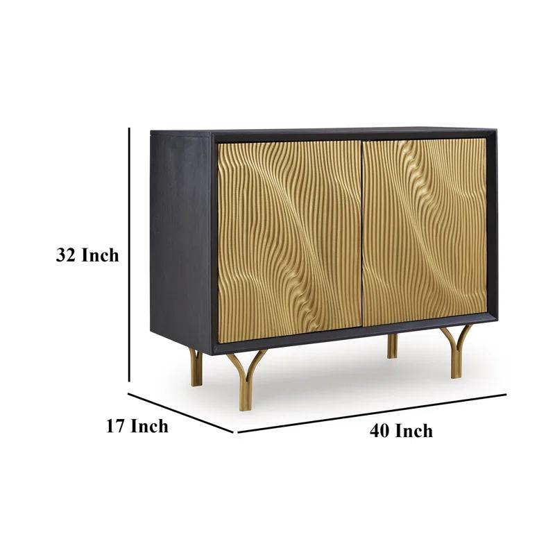 Benjara Yien Sideboard Console, 2 Carved Doors, Gold Legs, Black Wood 40 Inch