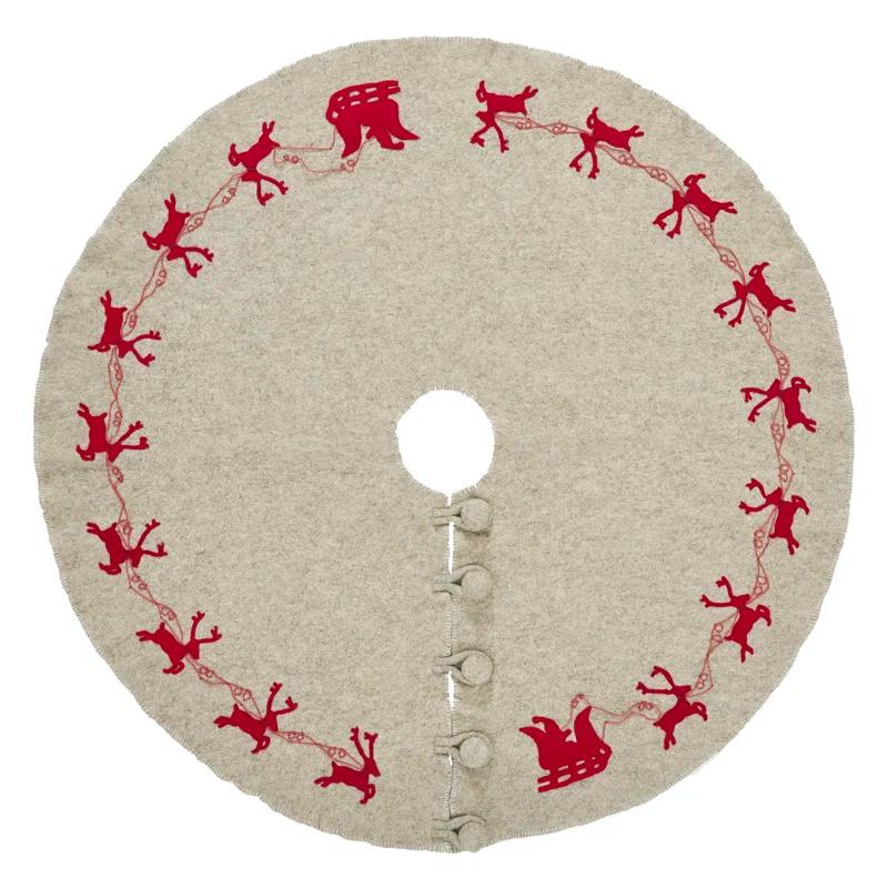 Arcadia Home Reindeer tree skirt- grey with red reindeer and cream whip stitch-72"