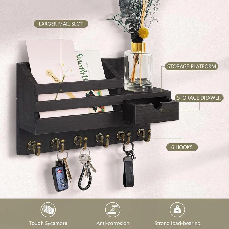 Winston Porter Wall Mount Key And Mail Organizer With 6 Hooks, Storage Drawer, Easy Installation For Entryway, Hallway, Home Decor