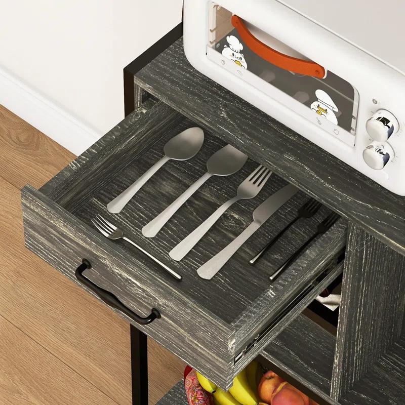 Baker's Rack With Power Outlet And LED Lights, Coffee Bar With Storage Shelves, Industrial Microwave Stand With Wine Bottle Rack