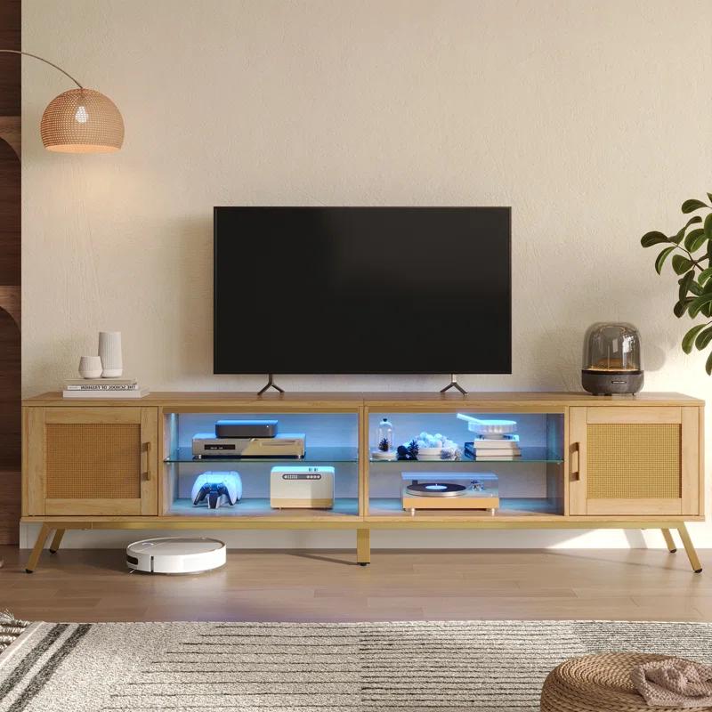 Bay Isle Home™ Alwies 80 inch TV Stand for TVs up to 85", Combinable Entertainment Center with LED Light and Adjustable Shelves, 4-1 Rattan TV console
