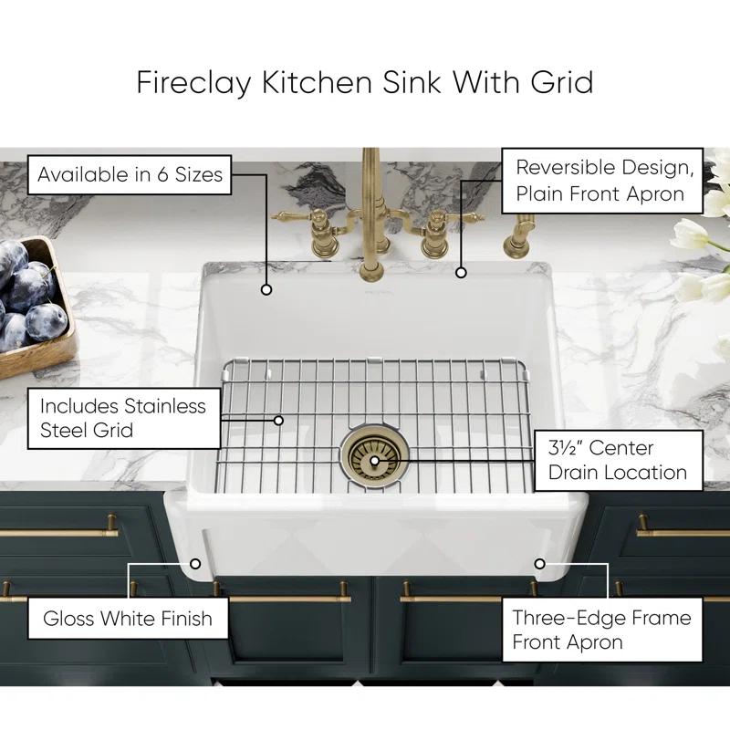 Whitehaus Collection WHRP2418-W Whitehaus Collection Reversible Fireclay Kitchen Sink with Grid: Three Edge Frame, Plain Front Apron
