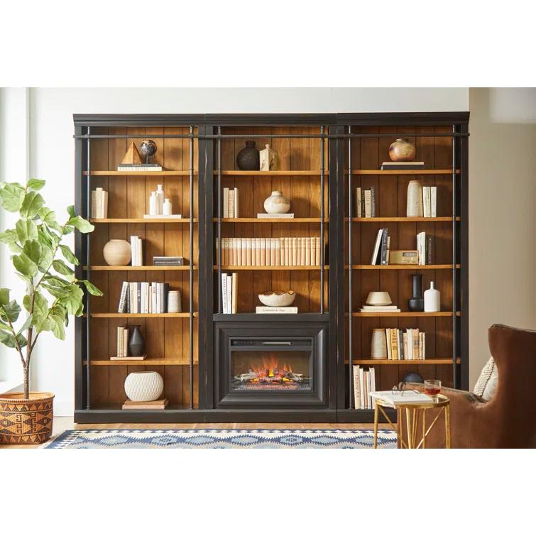 Birch Lane™ Frye Three 8' Tall Bookcase Wall With Fireplace and Ladder, Storage Organizer, Black