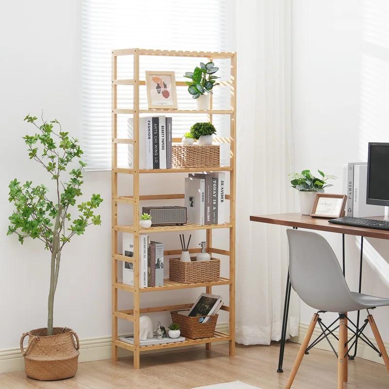 VEVOR Bamboo Bookshelf 6 Tiers Bamboo Ladder Bookcase Rectangle Storage Rack