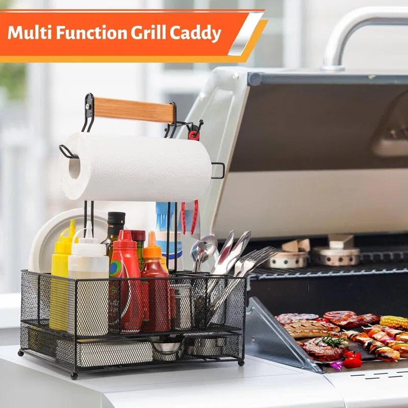 AMADA Large BBQ Utensil Storage Box With Drawer, Picnic Camping Storage Box With Paper Towel Holder, BBQ Tool Storage Box, Ideal Storage Box For Picnic Condiments And Outdoor Grill Accessories