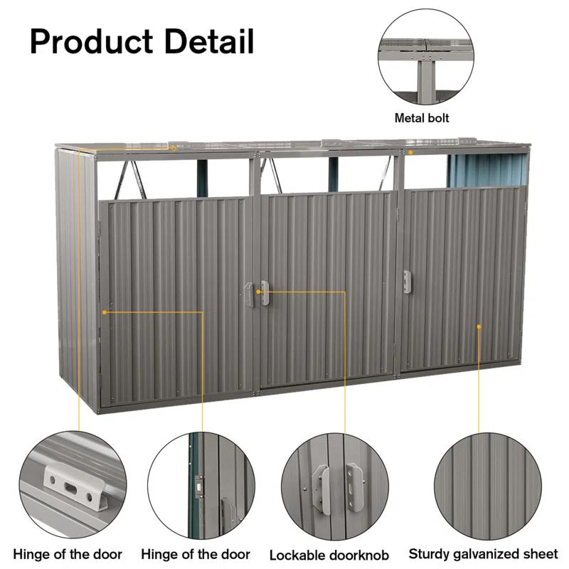 Alxfarton Garbage Bin Shed Stores 3 Trash Cans Metal Outdoor Bin Shed For Garbage Storage