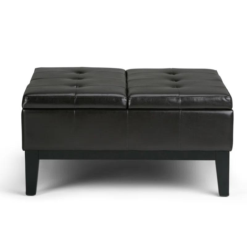 Simpli Home Dover 36"W Upholstered Square Coffee Table Storage Ottoman with Split Tufted Lift Top