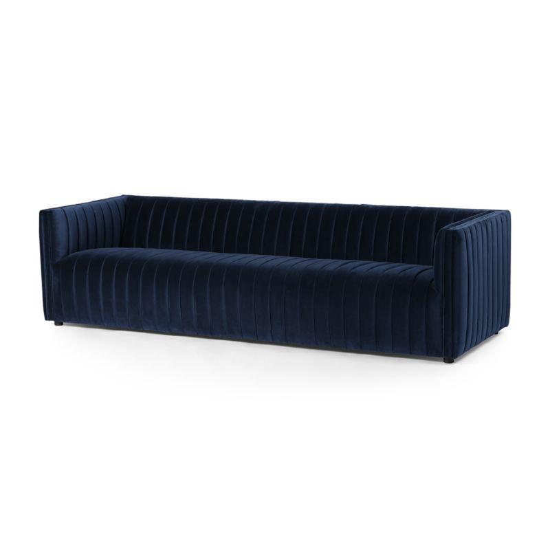 Sapphire Navy Velvet Tuxedo Arm Sofa with Solid Wood Frame