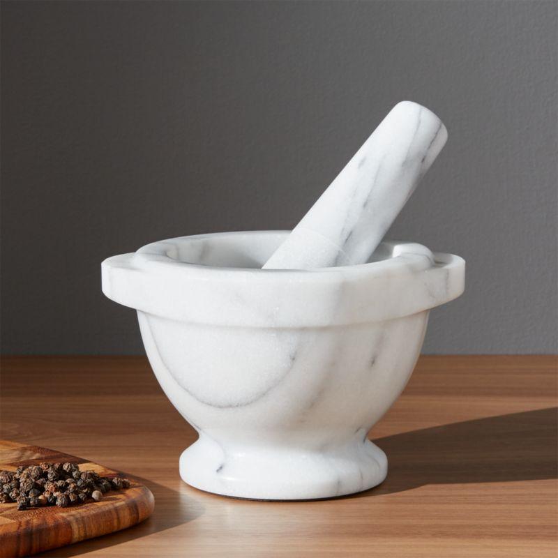 White Marble Mortar and Pestle with Grey Veining