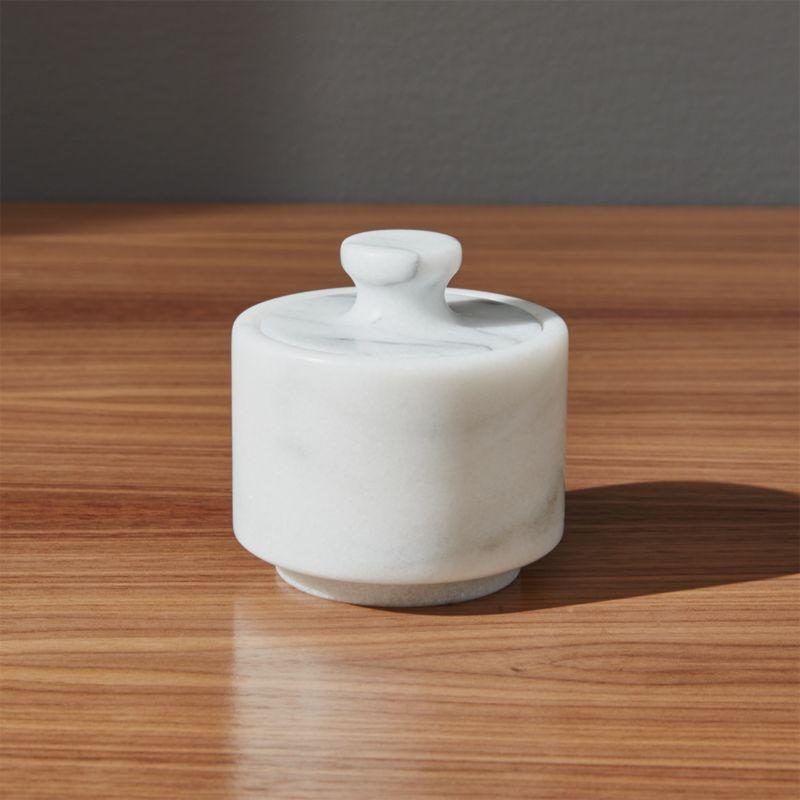 White Marble Lidded Salt Cellar with Stainless Steel Plate