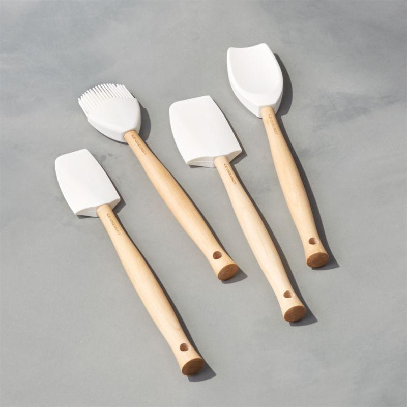 White Silicone 5-Piece Utensil Set with Stoneware Crock