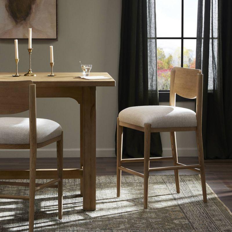 Natural Wood Counter Stool with Linen Upholstery