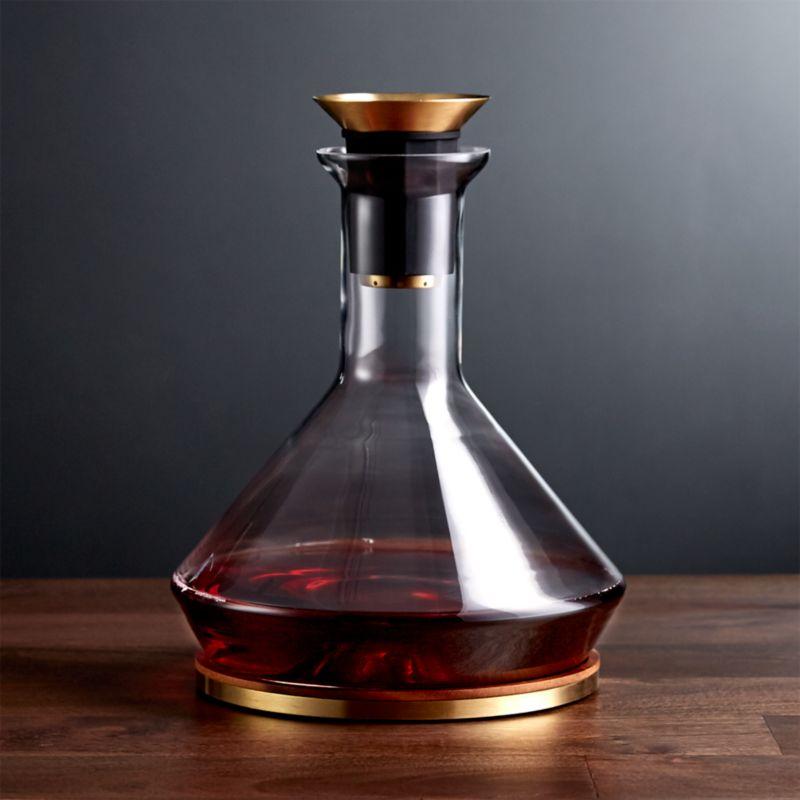 Clear Glass Wine Decanter with Gold Accents and Wood Coaster