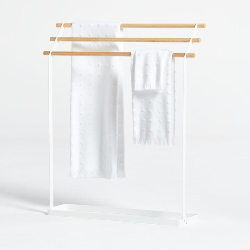 White and Natural Wood Freestanding Bath Towel Rack