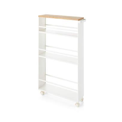 Slimline Tower White Steel Three-Tier Rolling Storage Cart with Wooden Accent