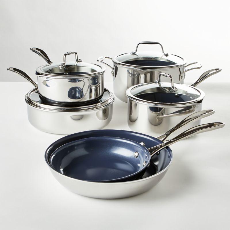 10-Piece Stainless Steel and Blue Ceramic Non-Stick Cookware Set