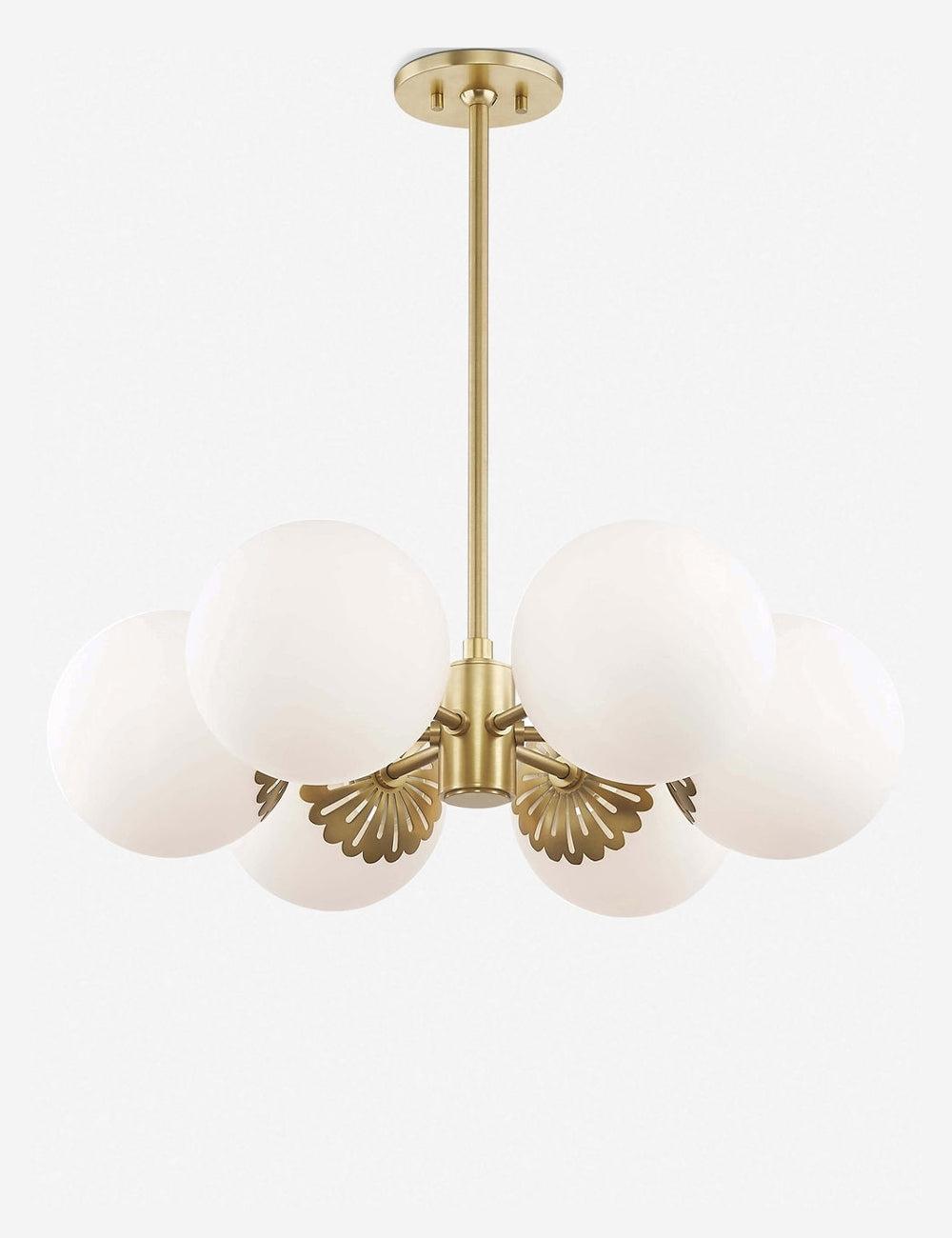 Elegant Aged Brass 6-Light Chandelier with Opal Glass Shades