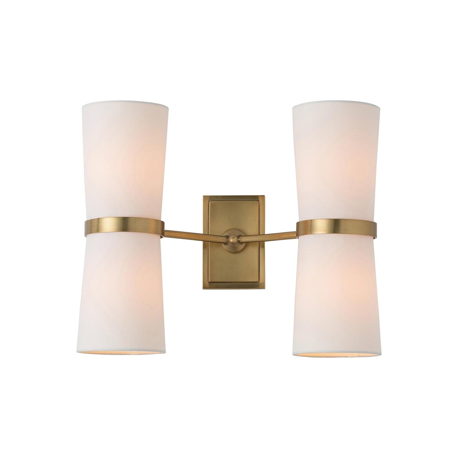Inwood Antique Brass 15" Wall Sconce with Off-White Linen Shades