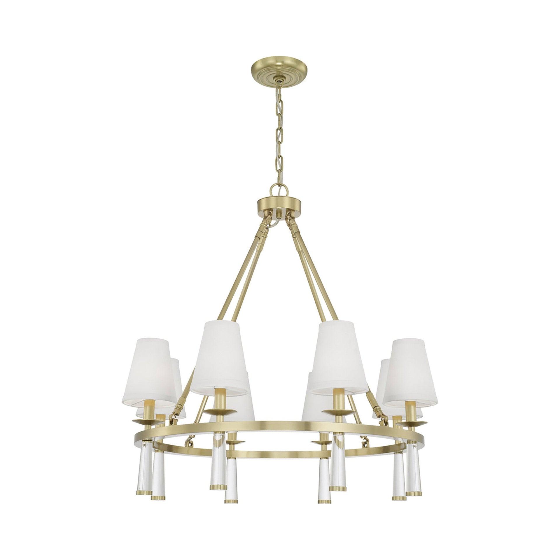 Elegant Aged Brass and Crystal 8-Light Chandelier with Silk Shade