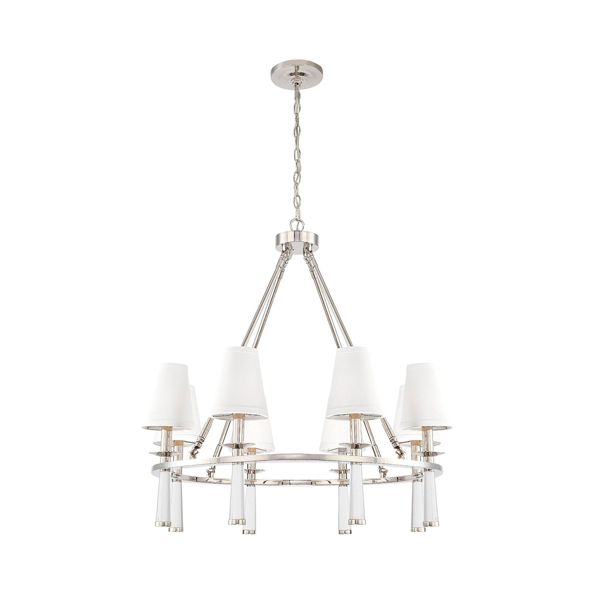 Chic Polished Nickel 8-Light Chandelier with White Silk Drum Shade