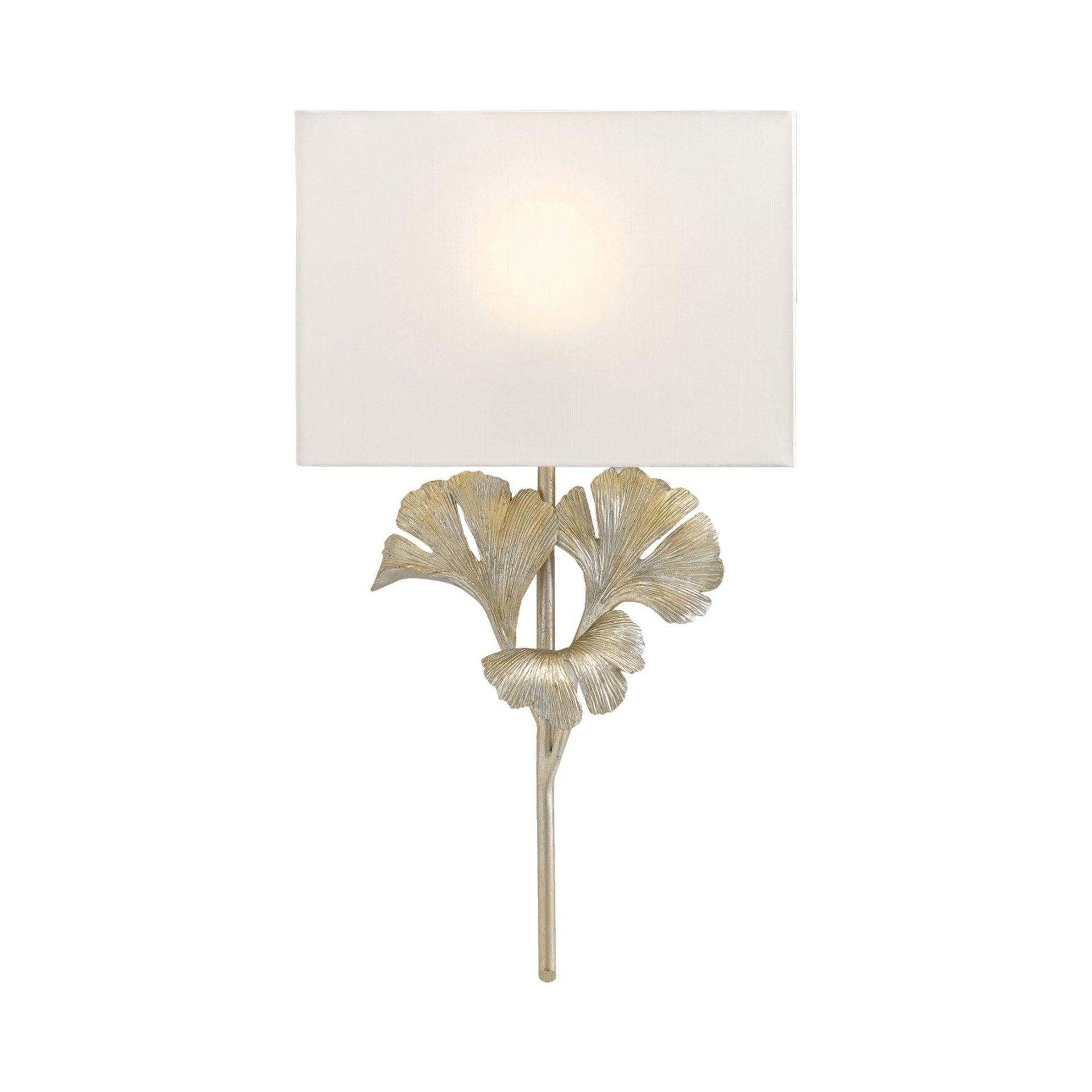 Gingko Distressed Silver Leaf 1-Light Wall Sconce with Off-White Shade