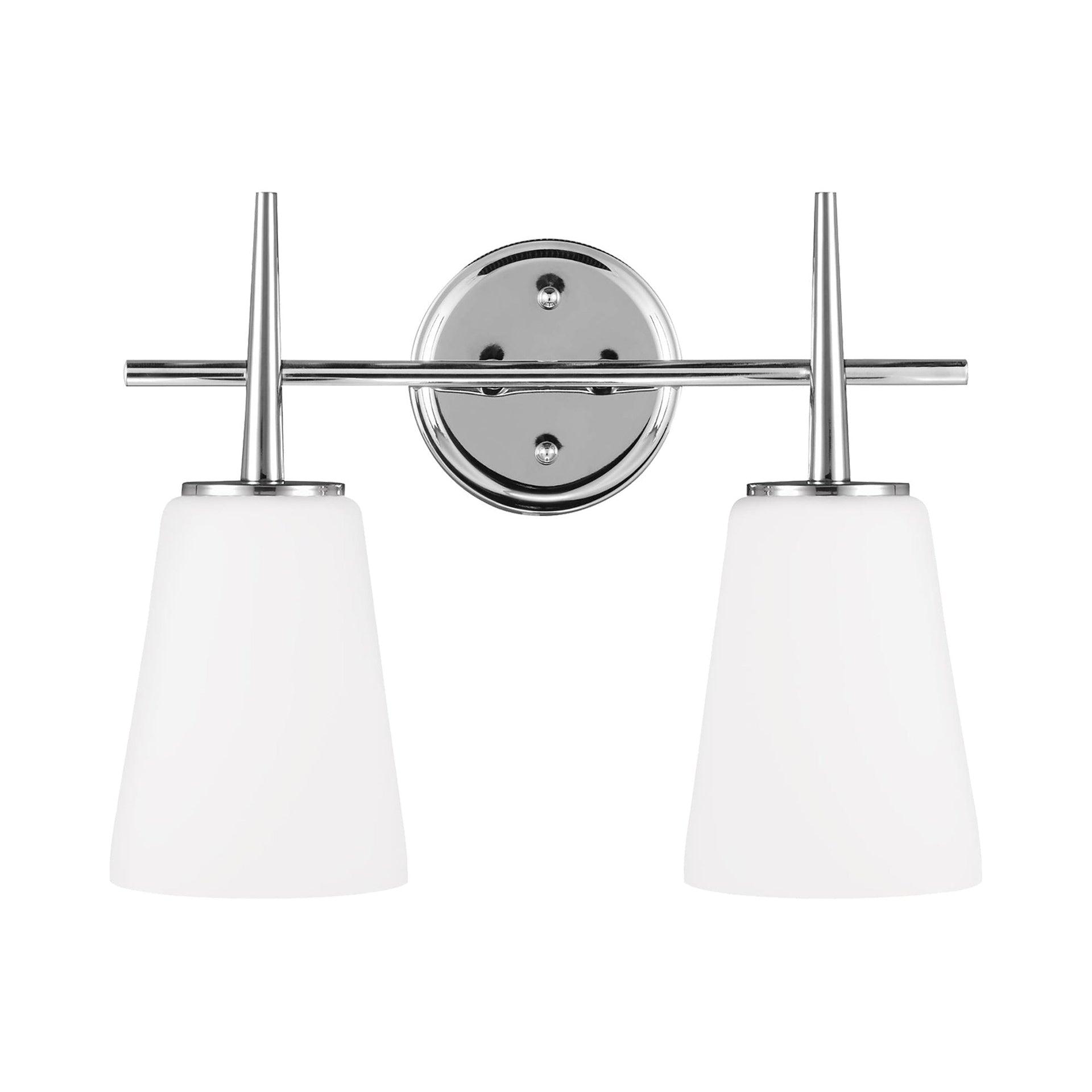 Driscoll 15.5 in. 2-Light Contemporary Modern Chrome Wall Bathroom Vanity Light with Etched White Glass Shades