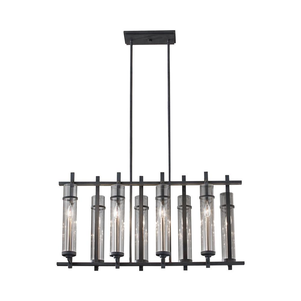 Ethan 8-Light Antique Forged Iron/Brushed Steel Contemporary Industrial Linear Billiard Island Candlestick Chandelier