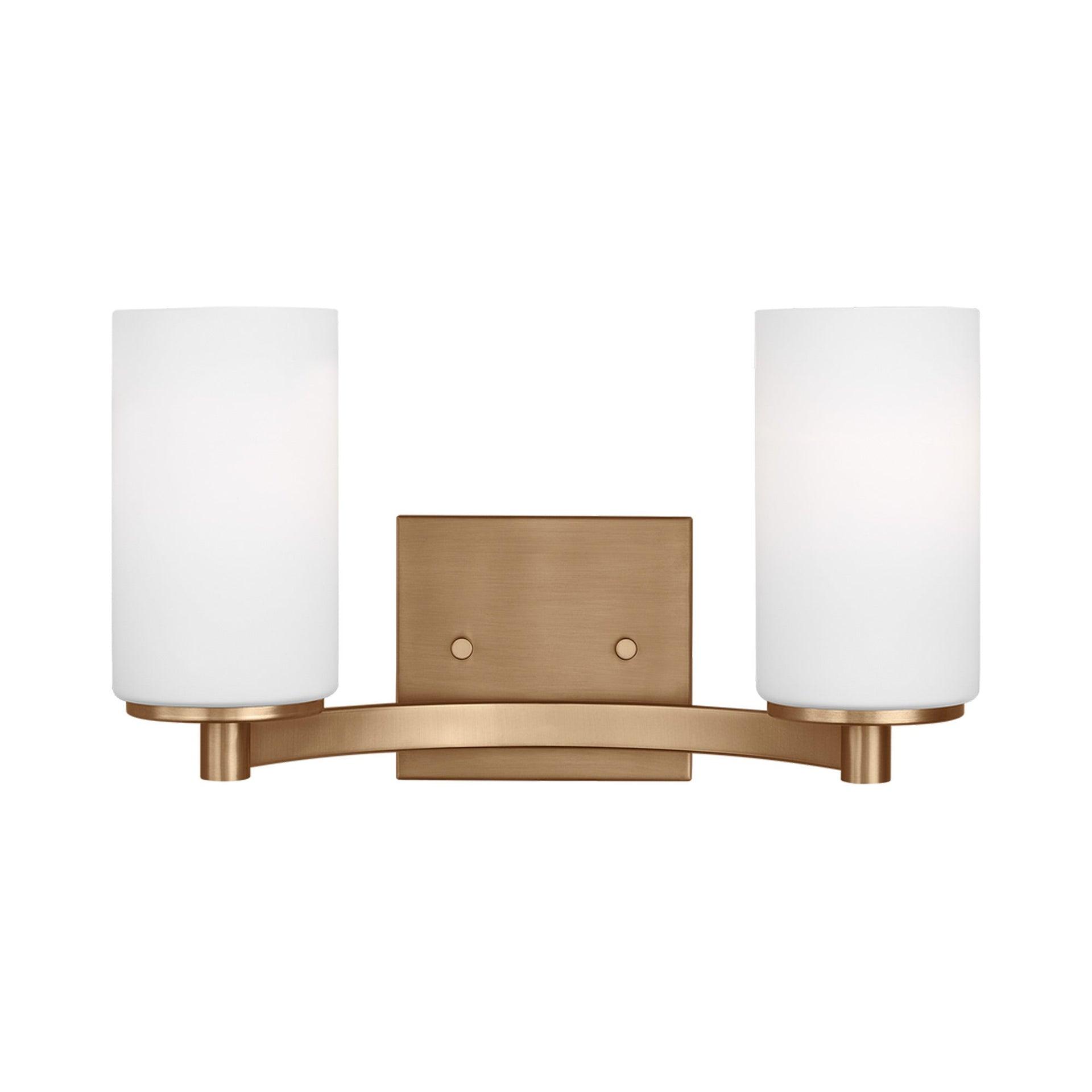 Generation Lighting 2-Light Hettinger Bath Fixture Wall Lamp Satin Brass 4439102-848, Title 24 Compliant Wall Light Fixture for Bathroom Decor, Bathroom Light Fixture Uses Standard or LED Light Bulb
