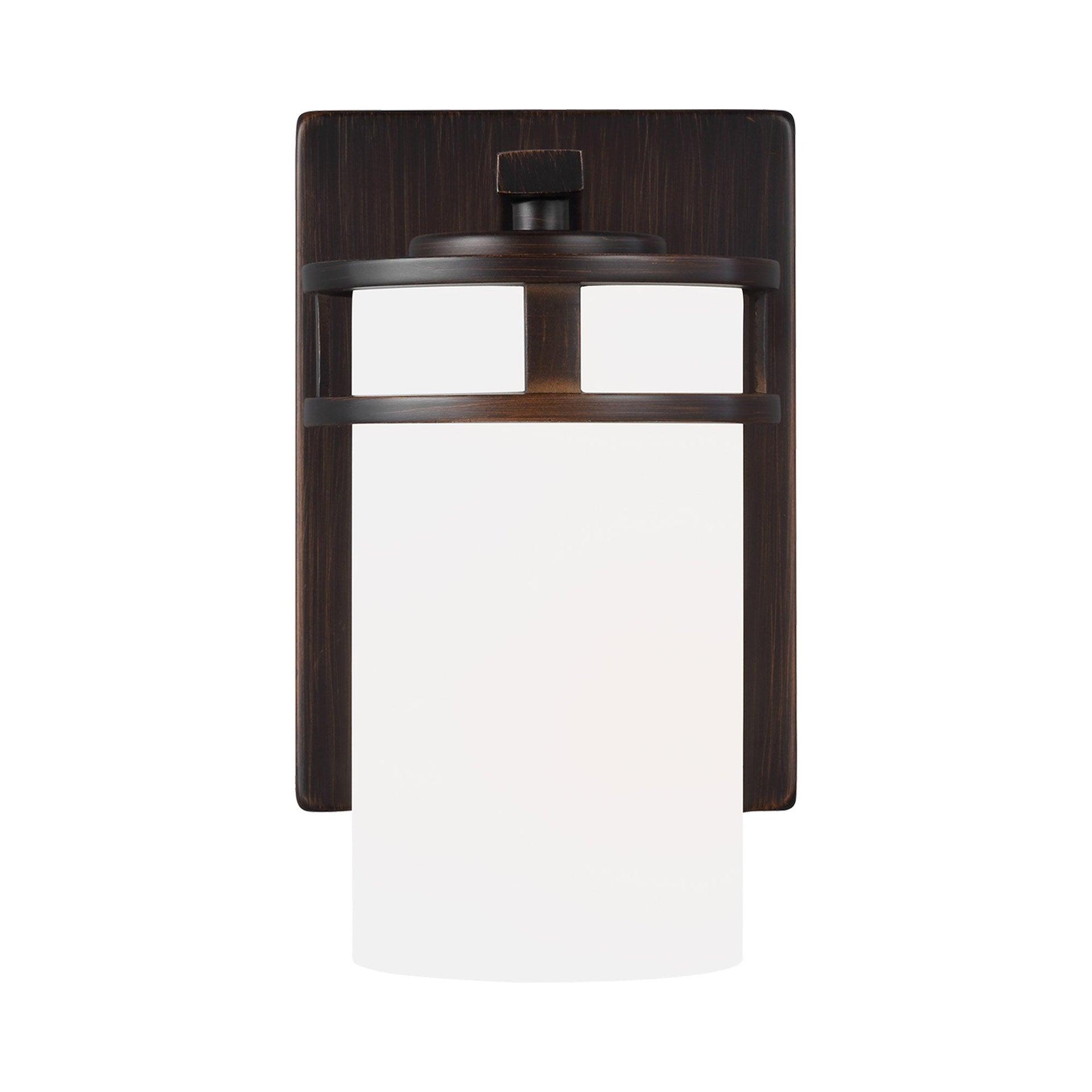 Generation Lighting 4121601-962 Robie Etched/White Glass Cylinder Wall Sconce Lighting Fixture, 1-Light 75 Watt, 8" H x 5" W, Brushed Nickel