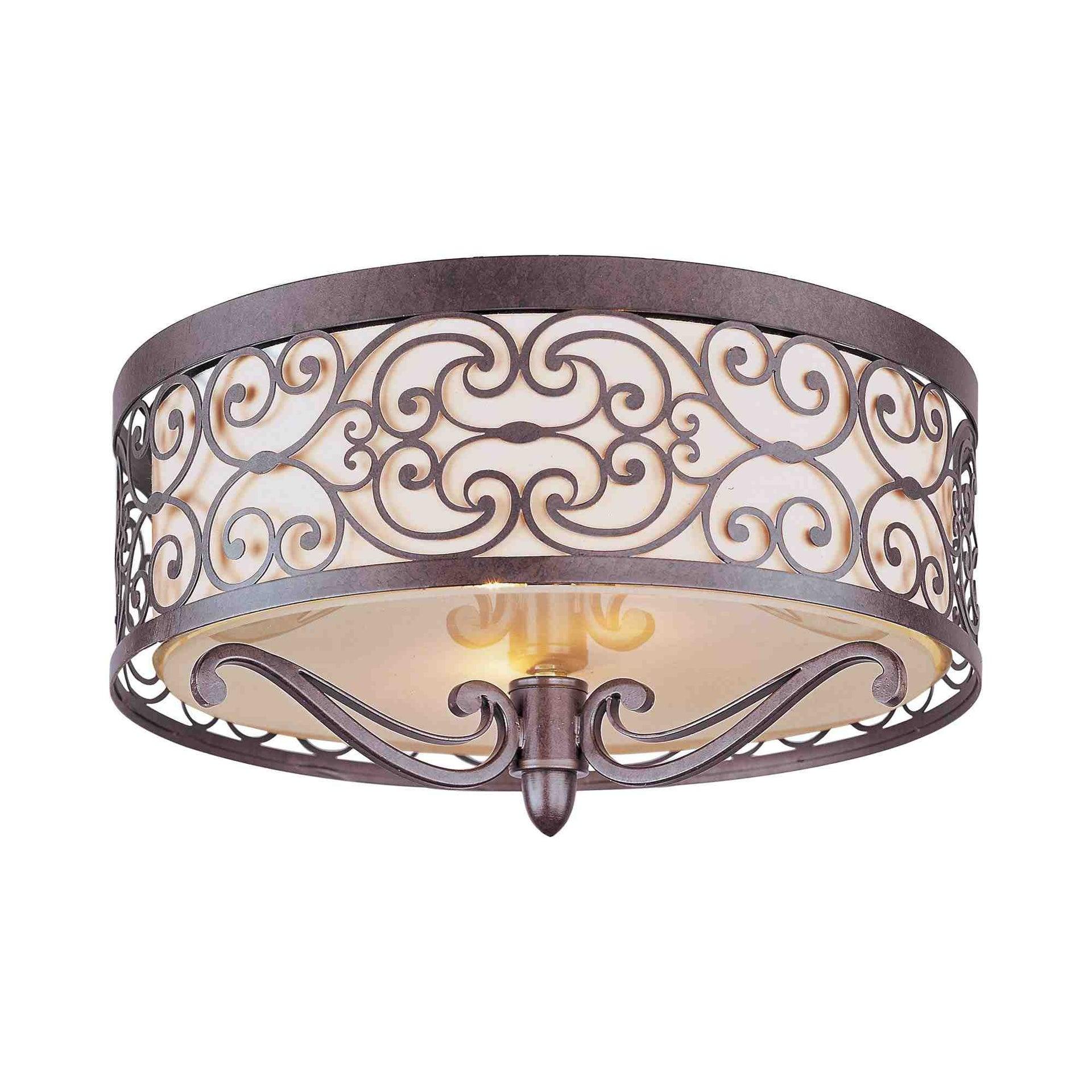 Umber Bronze 2-Light Drum Flush Mount with Off-White Fabric Shade