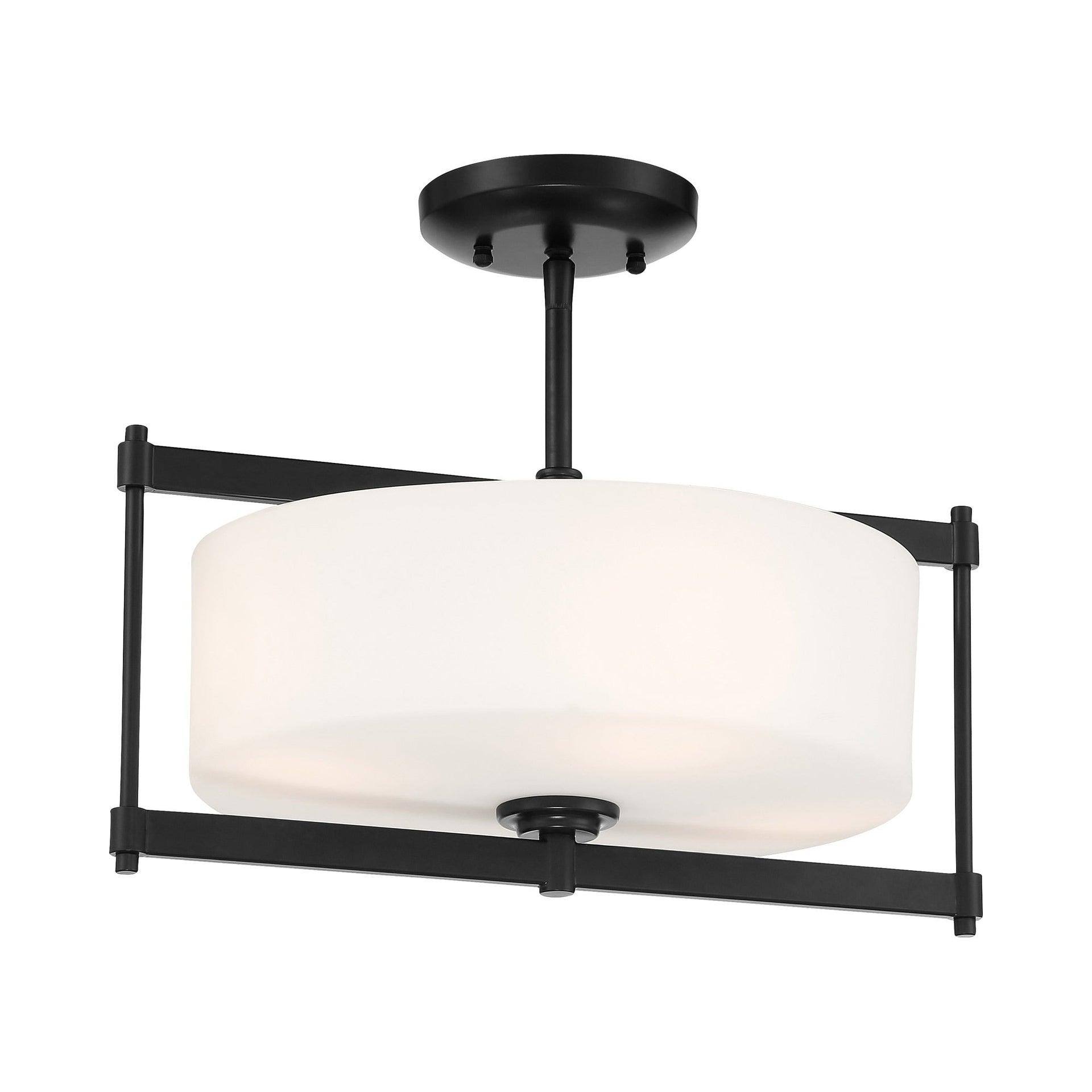 Minka Lavery Modern Ceiling Light Semi Flush Mount Fixture 16" Coal 4-Light Etched White Glass Drum Shade for Bedroom Living Room