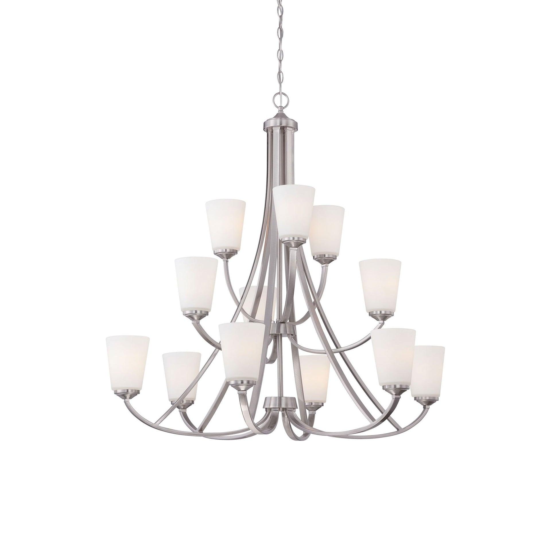 Contemporary Elegance Brushed Nickel 12-Light Chandelier with Etched White Glass
