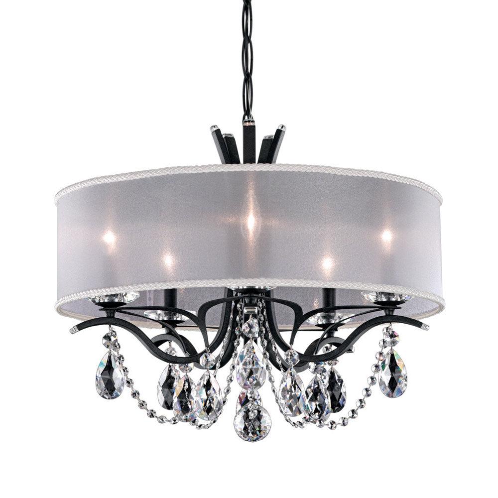 Vesca Antique Silver 5-Light Chandelier with Gold Drum Shade and Clear Crystal Accents