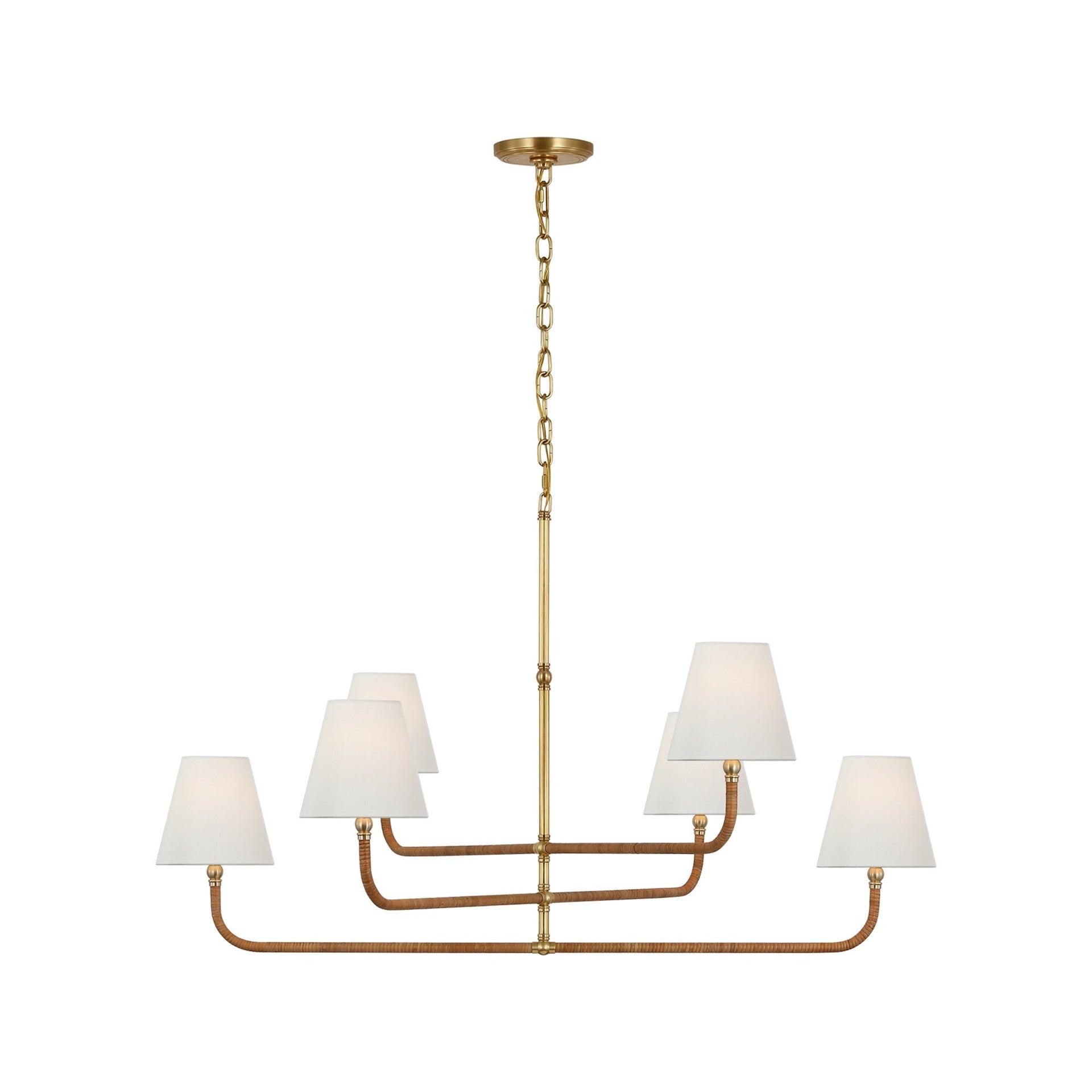 Antique-Burnished Brass and Rattan 6-Light Chandelier