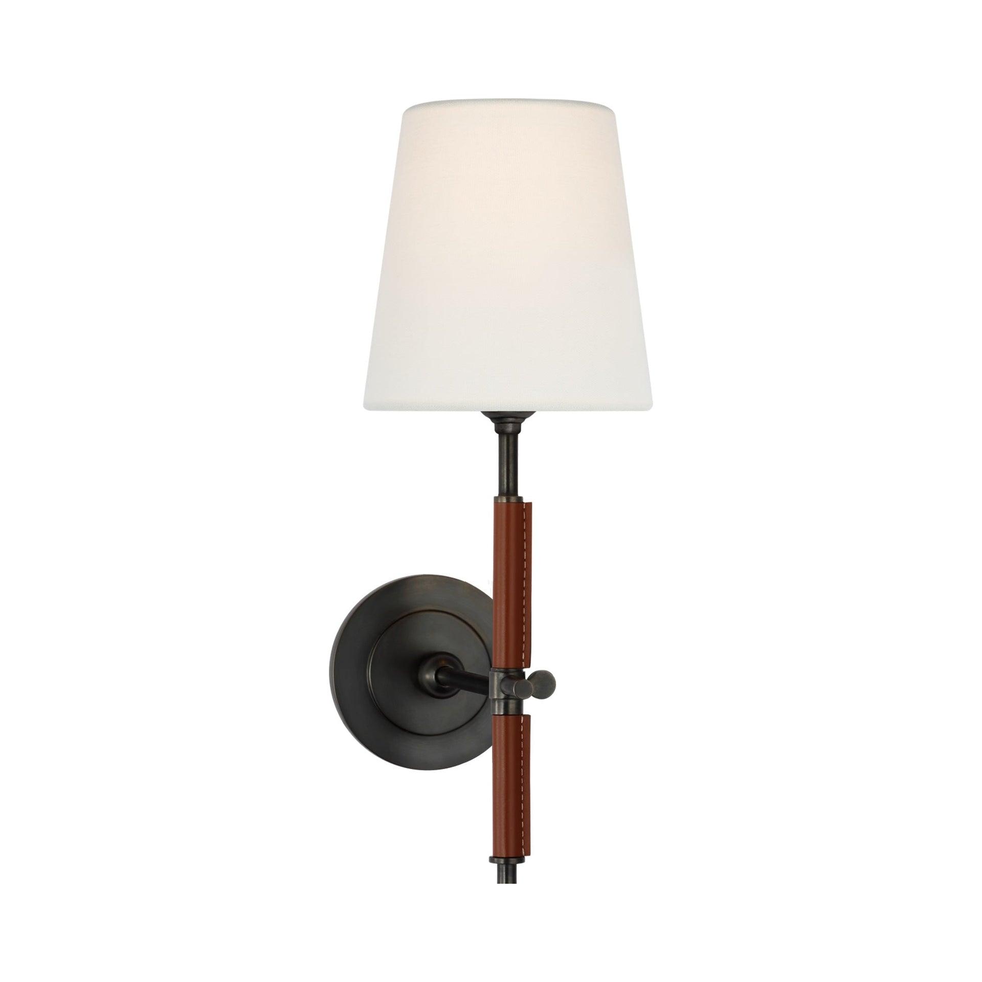Bronze and Saddle Leather Wall Sconce with Linen Shade