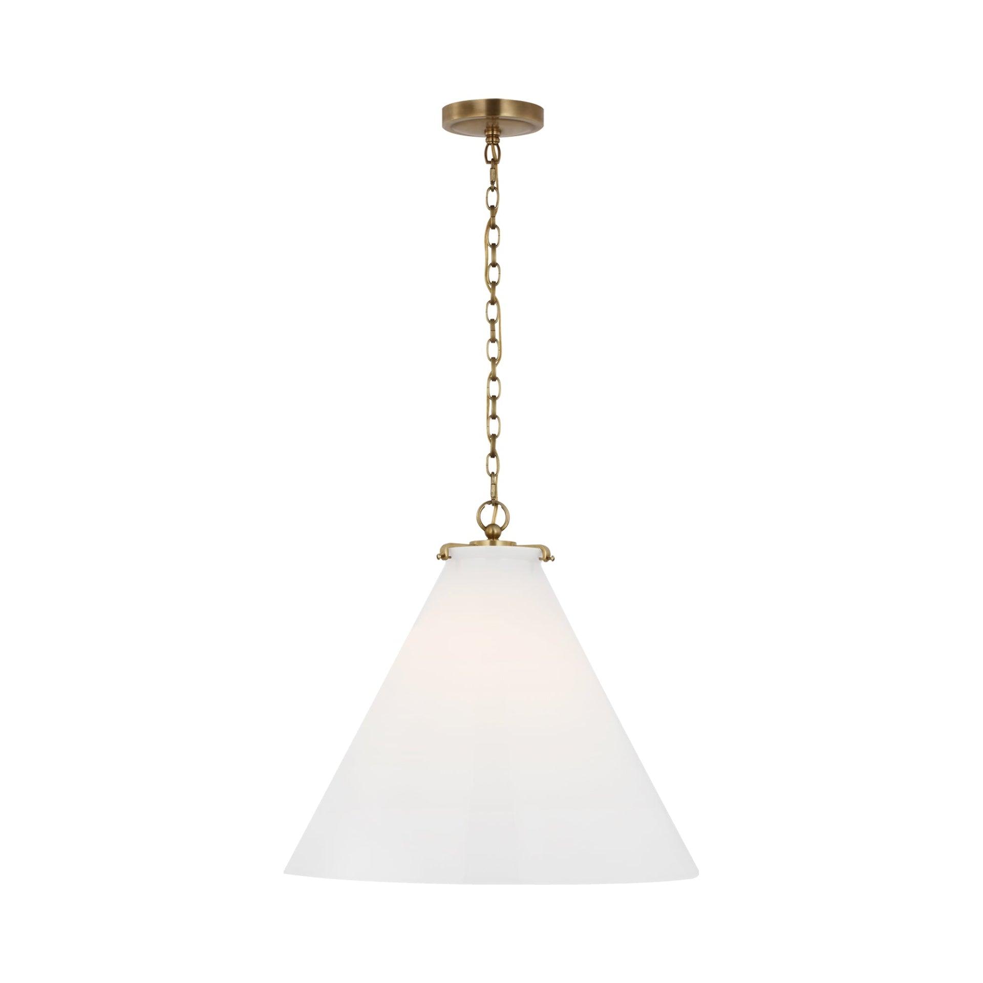 Hand-Rubbed Antique Brass Conical LED Pendant with White Glass Shade
