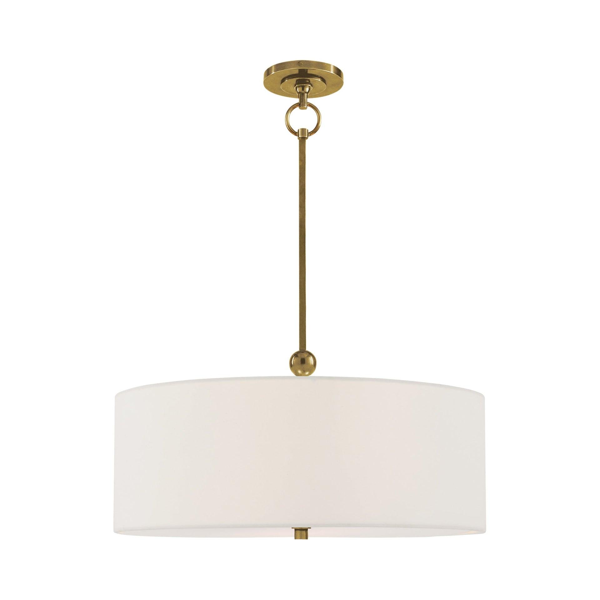 Hand-Rubbed Antique Brass Drum Pendant Light with White Fabric Shade