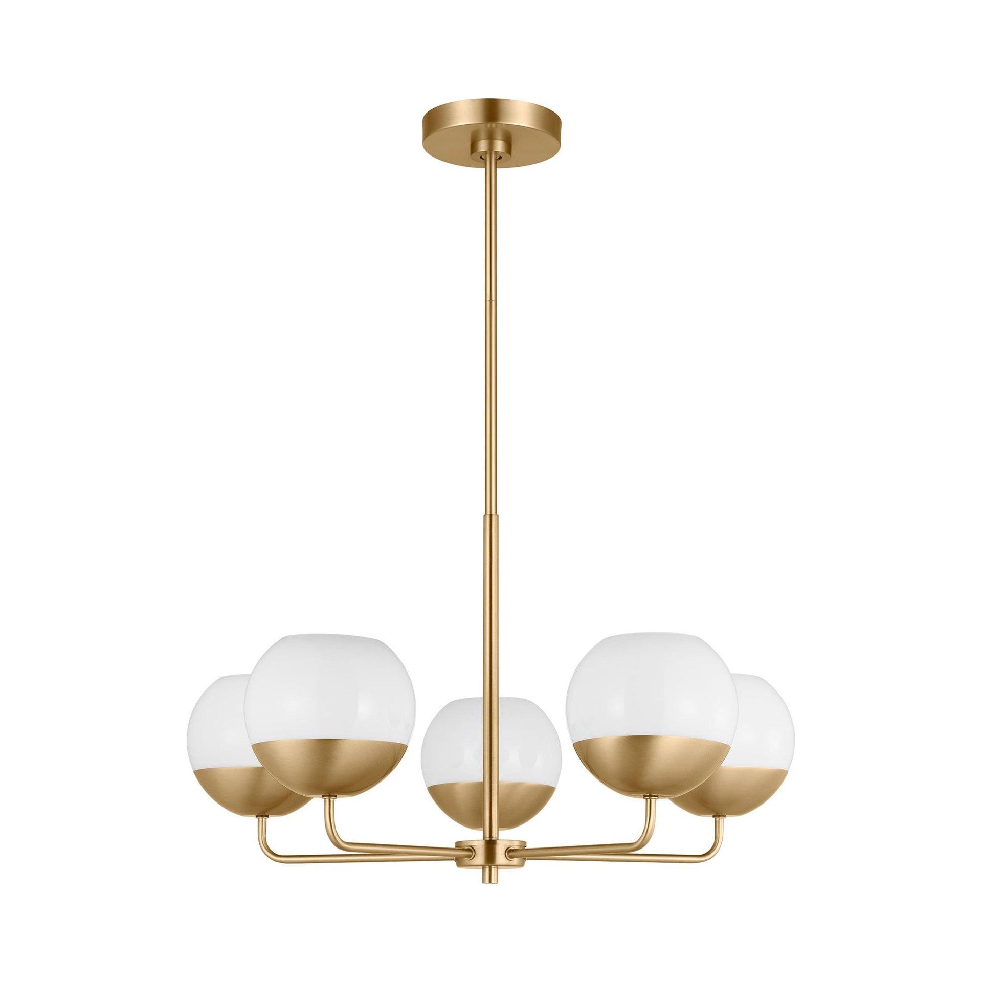 Alvin Satin Brass Midcentury 5-Light Chandelier with Milk Glass Shades