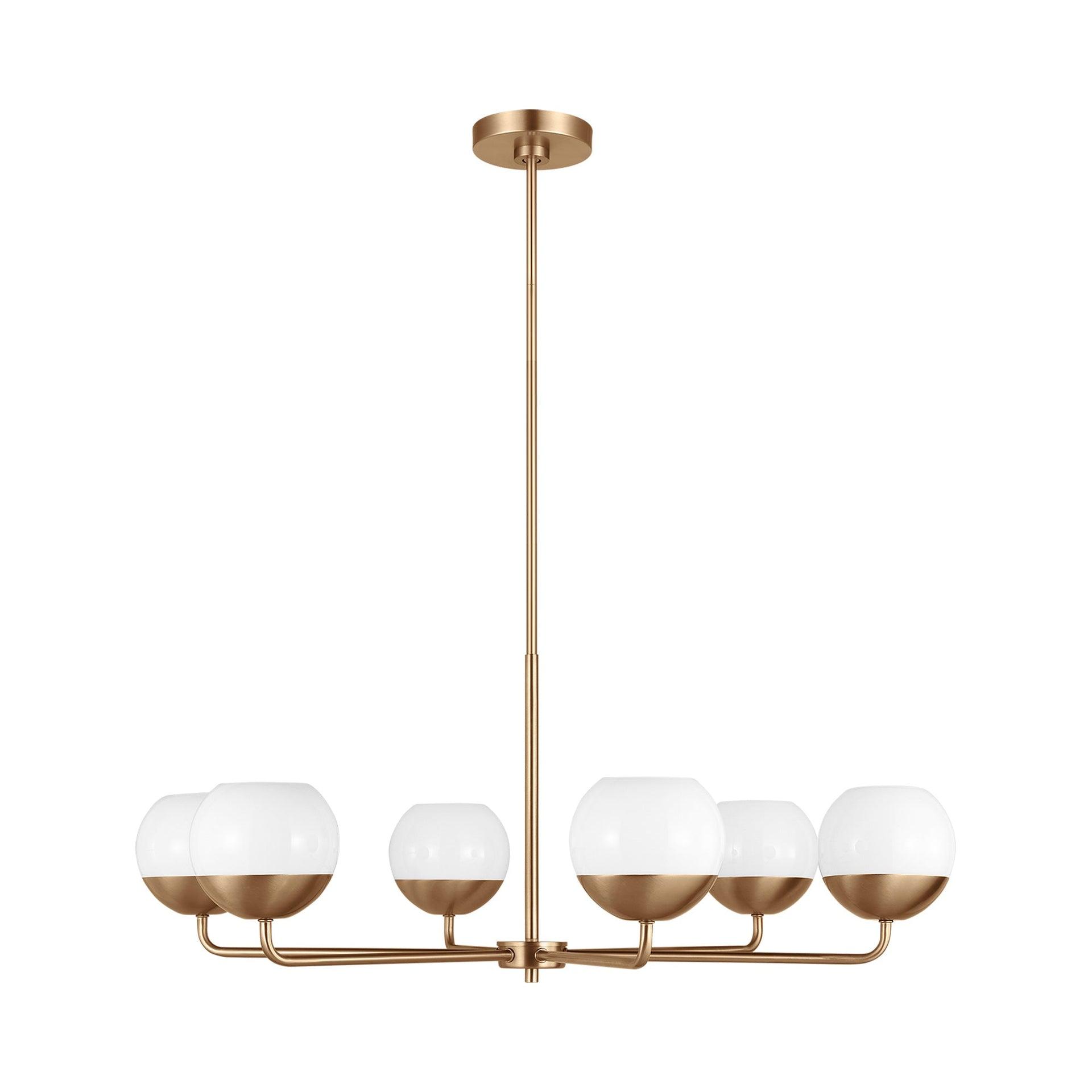 Alvin Satin Brass and Milk Glass 6-Light Chandelier