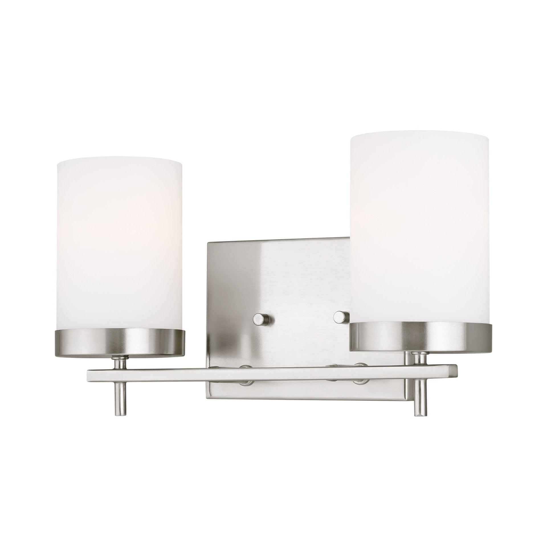 Brushed Nickel Two-Light Cylinder Wall Sconce with Etched Glass Shades
