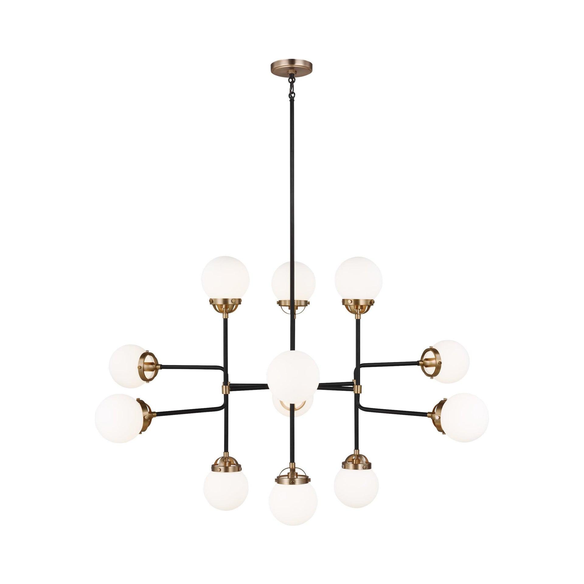 Cafe 12-Light Satin Brass Industrial Hanging Chandelier with Etched/White Inside Glass Shades