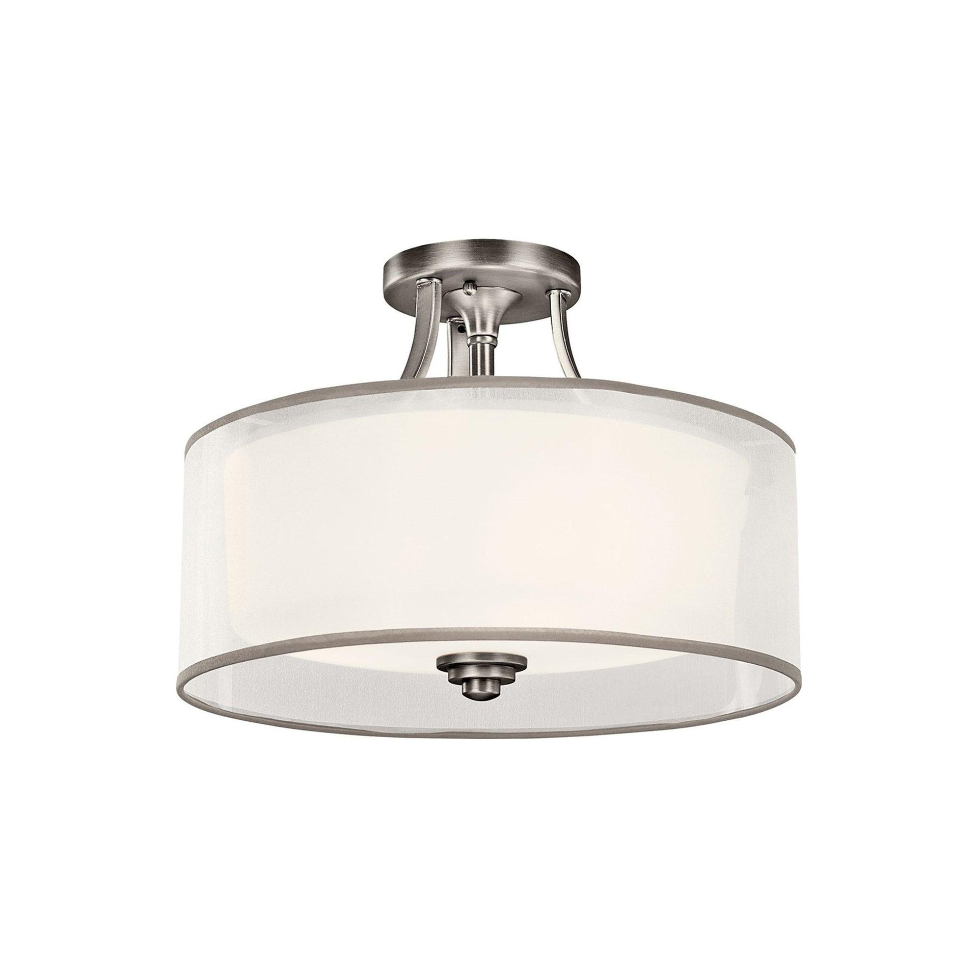 Lacey 15" 3 Light Semi Flush with Satin Etched Cased Opal Inner Diffusers and White Translucent Organza Outer Shade in Antique Pewter