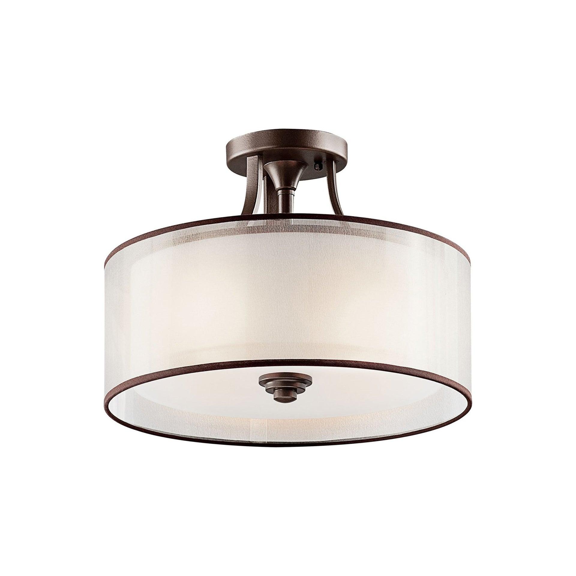 Lacey 15" 3 Light Semi Flush with Satin Etched Cased Opal Inner Diffusers and White Translucent Organza Outer Shade in Antique Pewter