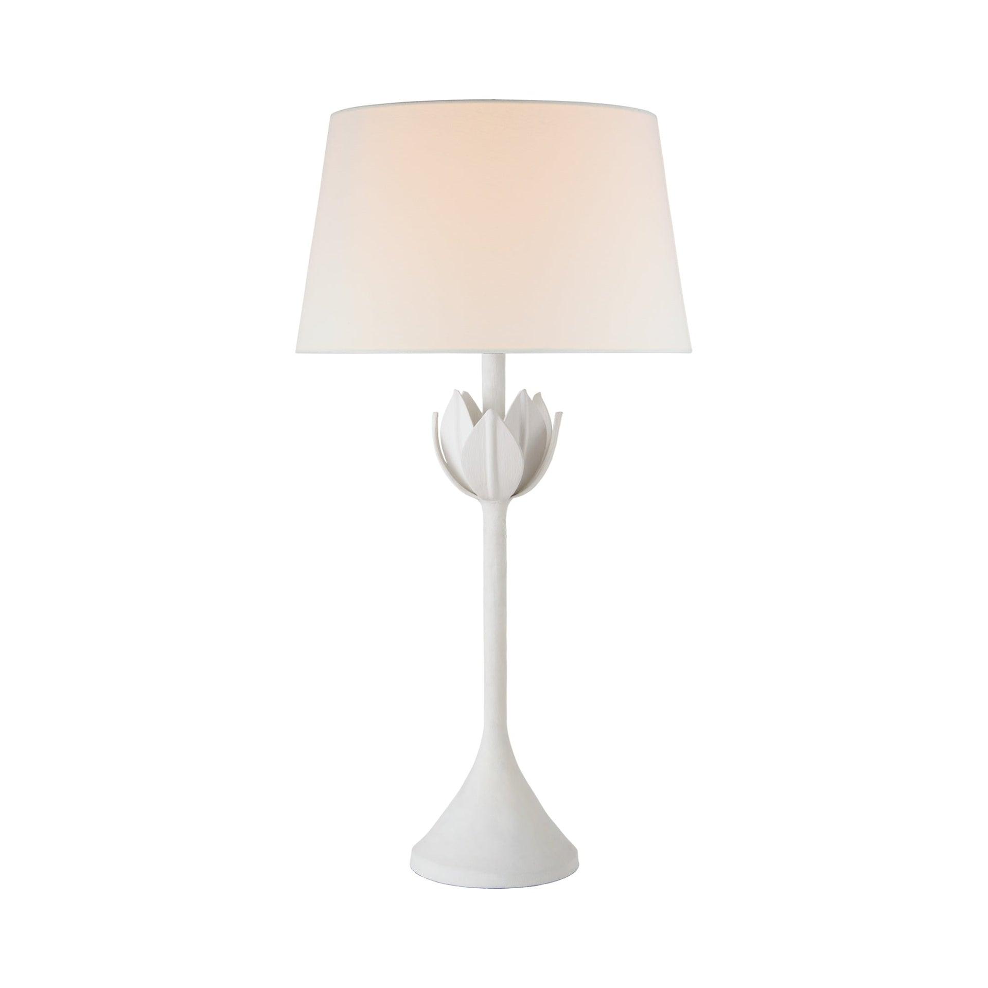 Alberto Petal-Detail Plaster White Steel Table Lamp with Linen Shade