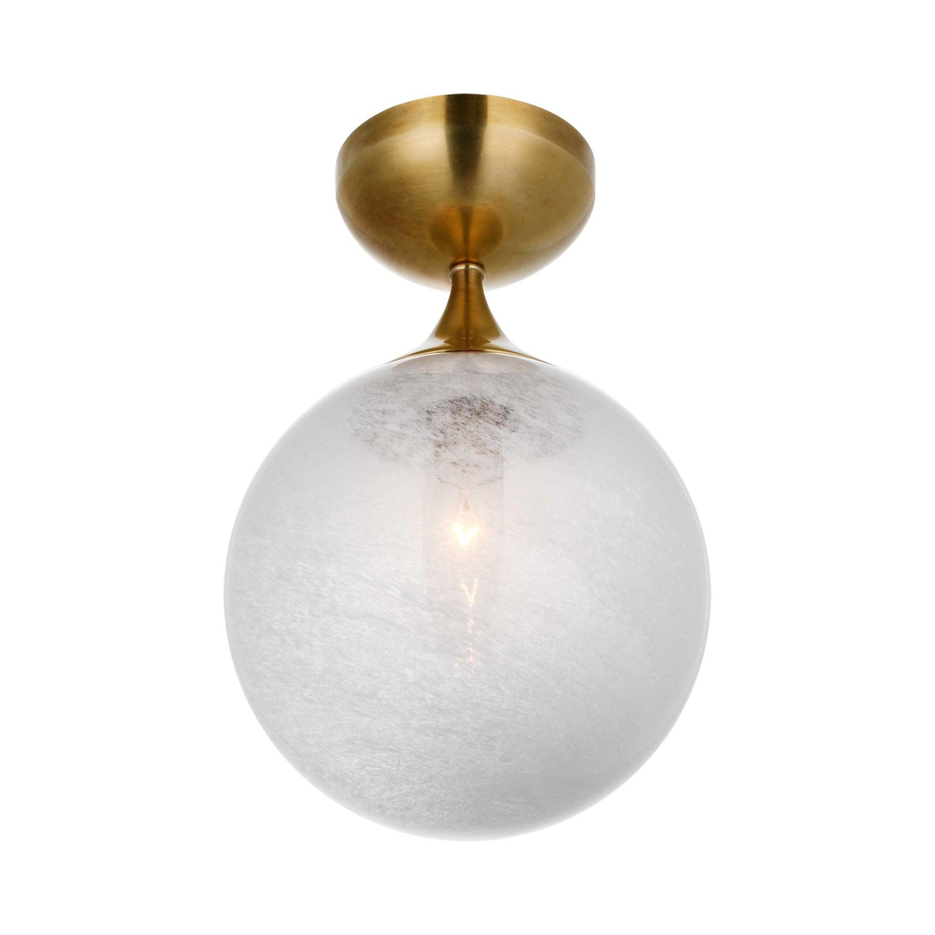 Antique Brass and White Glass Globe Flush Mount Light