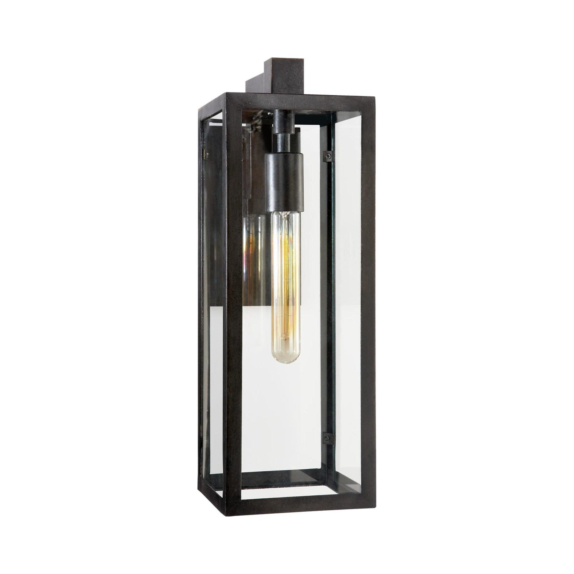 Fresno Black Iron Geometric Outdoor Wall Light with Clear Glass
